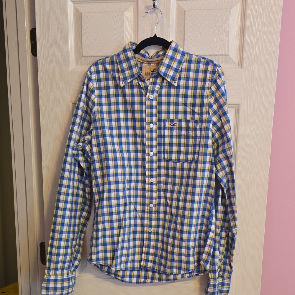 Hollister Men's Blue and Yellow Checkered Shirt‎